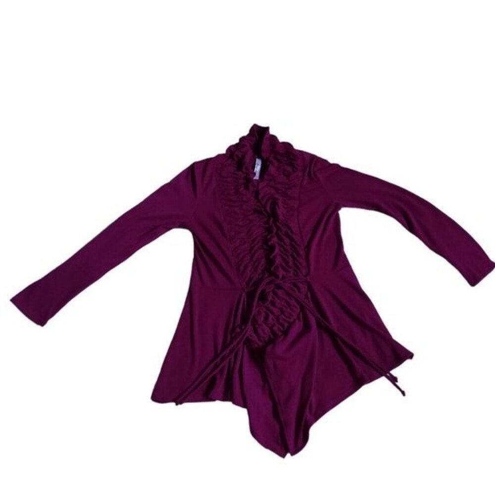 Emerald Women's Long Sleeve Ruffled Front Trim Plum Purple Cardigan Top Sz M